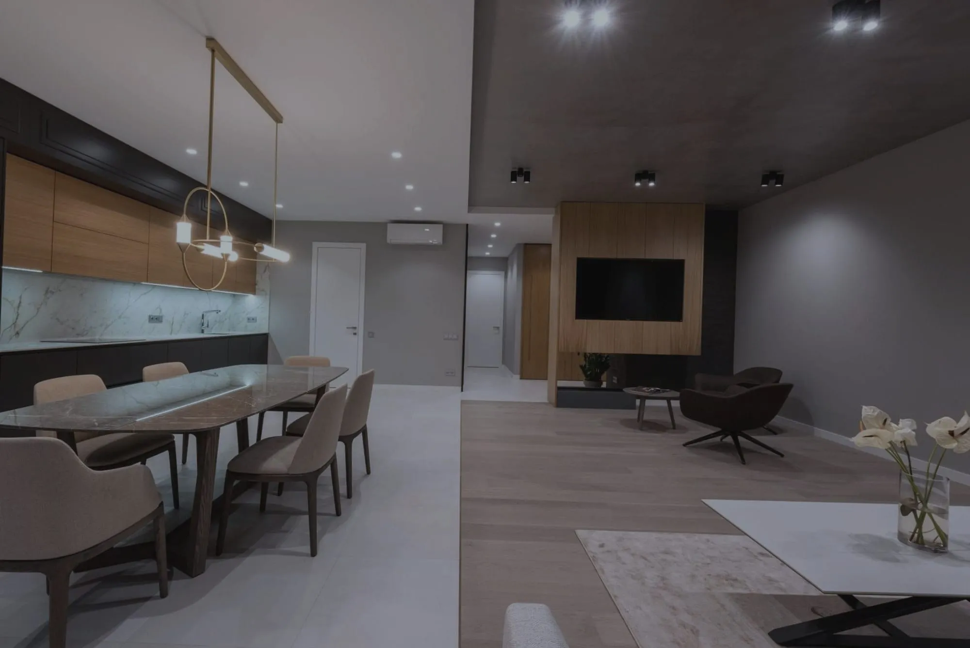 Open-plan dining room, before editing
